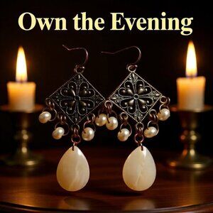 Sleek Chic Robust Feminine Girly Elegant Rustic Copper & MOP + Pearl Earrings